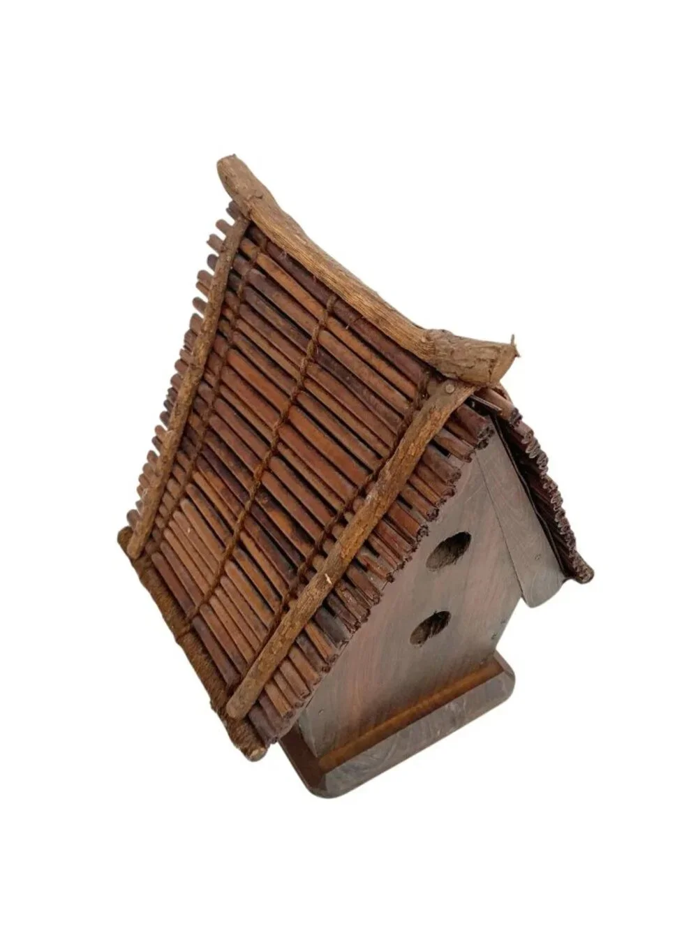 Large Rustic Wooden Birdhouse – Natural Twig Roof Garden Decor | Fairy Garden